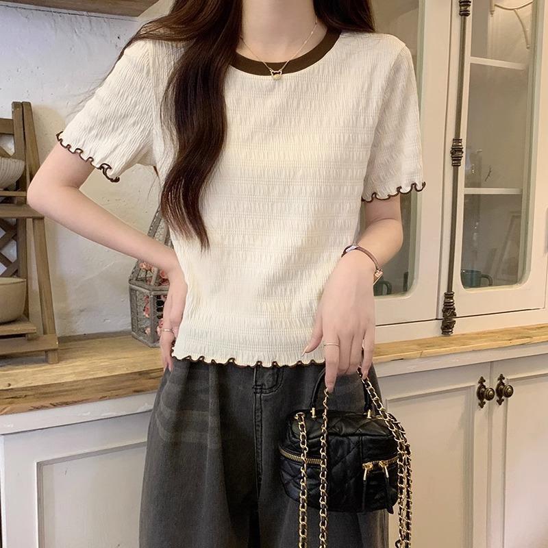 

Футболка с короткими рукавами и круглым вырезом контрастного цвета для женщин, летняя, с открытыми плечами, шикарный нишевый дизайн, западный стиль, нижняя часть, верх XL