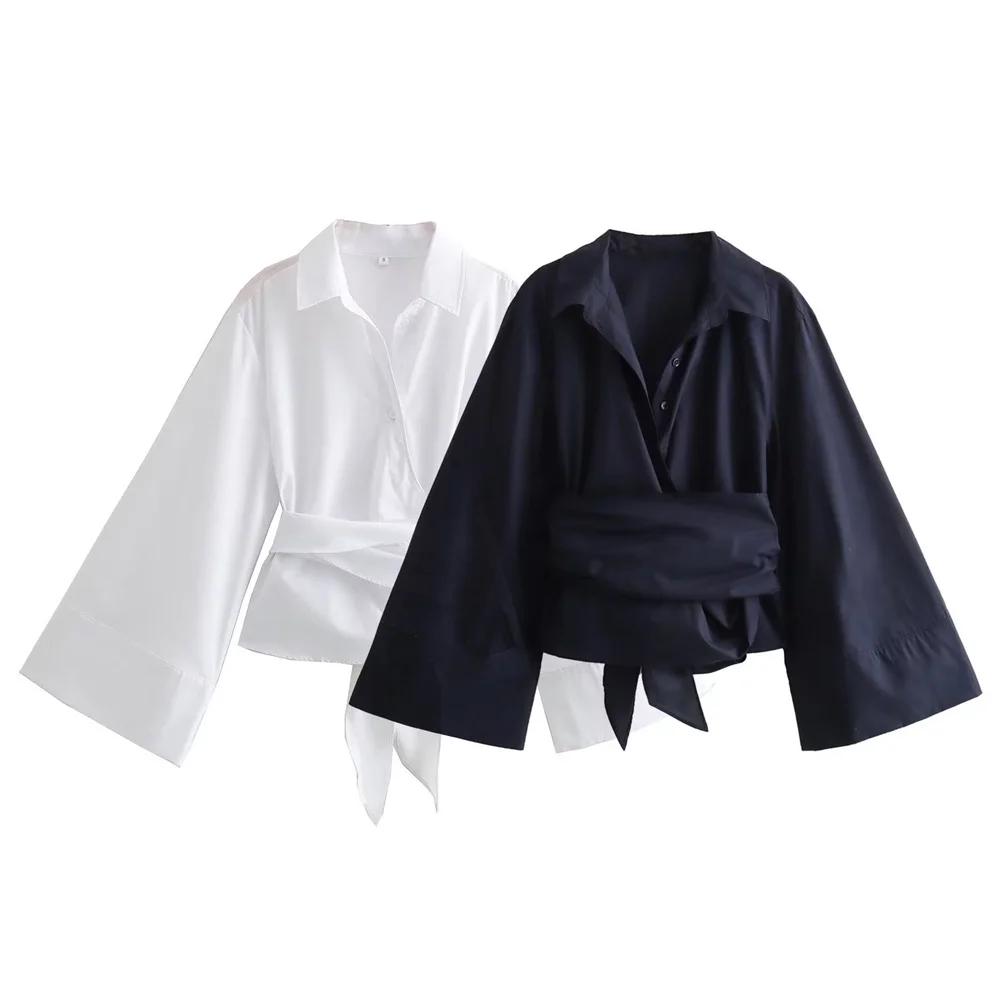 New Women's Fashion Casual Polo Neck Bow Tie Up Short Edition Double Breasted Poplin Shirt