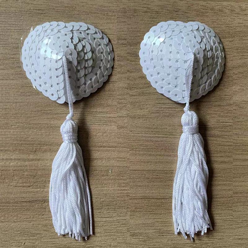 Heart-Shaped Sequined Nipple Covers with Tassels - Silicone Pasties Lingerie Accessories