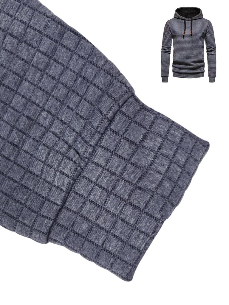 European Long Sleeve Hooded Men's Hoodie with Drawstring Jacquard Checkered Patchwork.