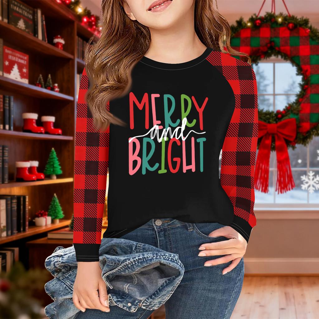 Girls Long Sleeve Christmas Day T Shirts Kids Fall Tops Crewneck Basic Tees 5-14Y