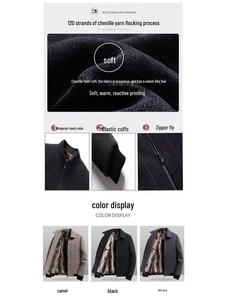 Men's Chenille Lapel Woolen Coat - Velvet Lined Winter Jacket for Middle-Aged and Elderly Dads