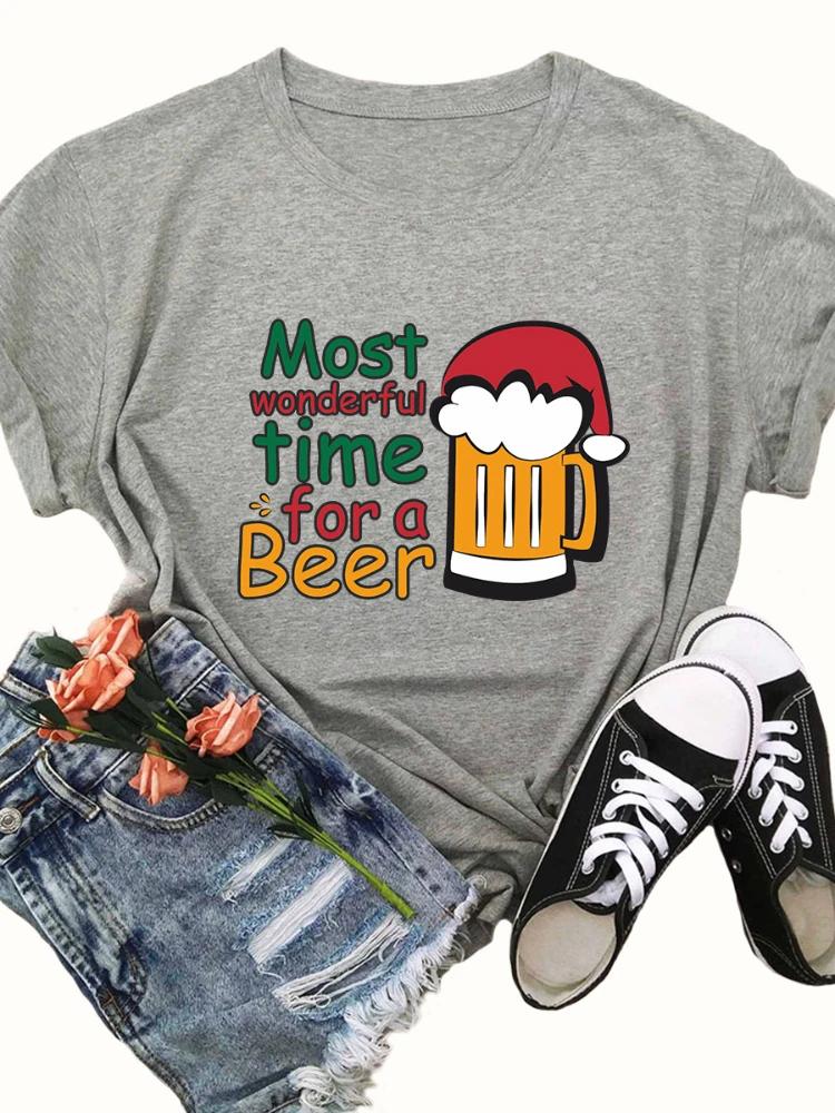 Christmas Best for A Beer Print T Shirt Women Short Sleeve O Neck Loose Tshirt Women Causal Tee Shirt Tops Camisetas Mujer
