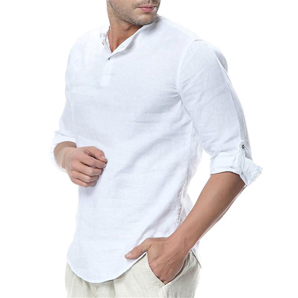 White Black Long Sleeve Classic Shirt Men's Roll Up Tops Breathable Soft Casual Solid Color Shirts