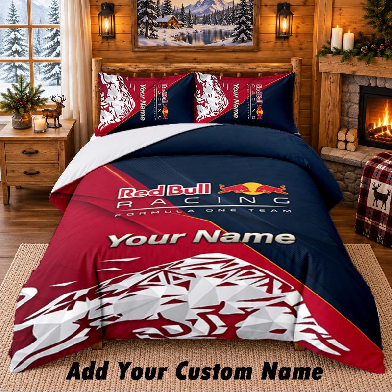 Juego de Ropa de Cama con Patrón Red Bull Racing de 3 Piezas con Nombre Personalizado, Sábana y Fundas de Almohada para Dormitorio del Hogar
