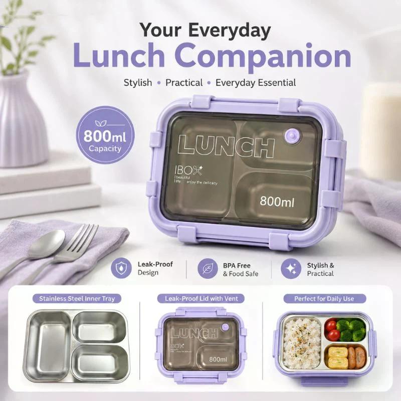800ml Lunch Box Stainless Steel Bento Food Container Leakproof Pink Green Purple