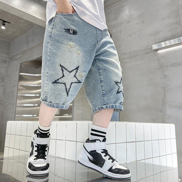 Boys Straight Denim Shorts Summer Children Casual Wide-leg Knee Length Pants Teenage Jean Short Trousers Kids Clothing 5-14 Year