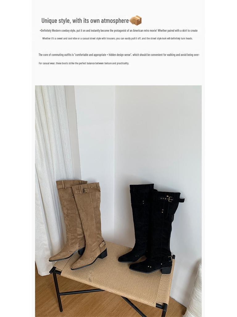 In-Stock Western Suede Cowboy Boots: Wide Shaft, Chunky Heel, Square Toe, Versatile, Wrinkled Slouch Design