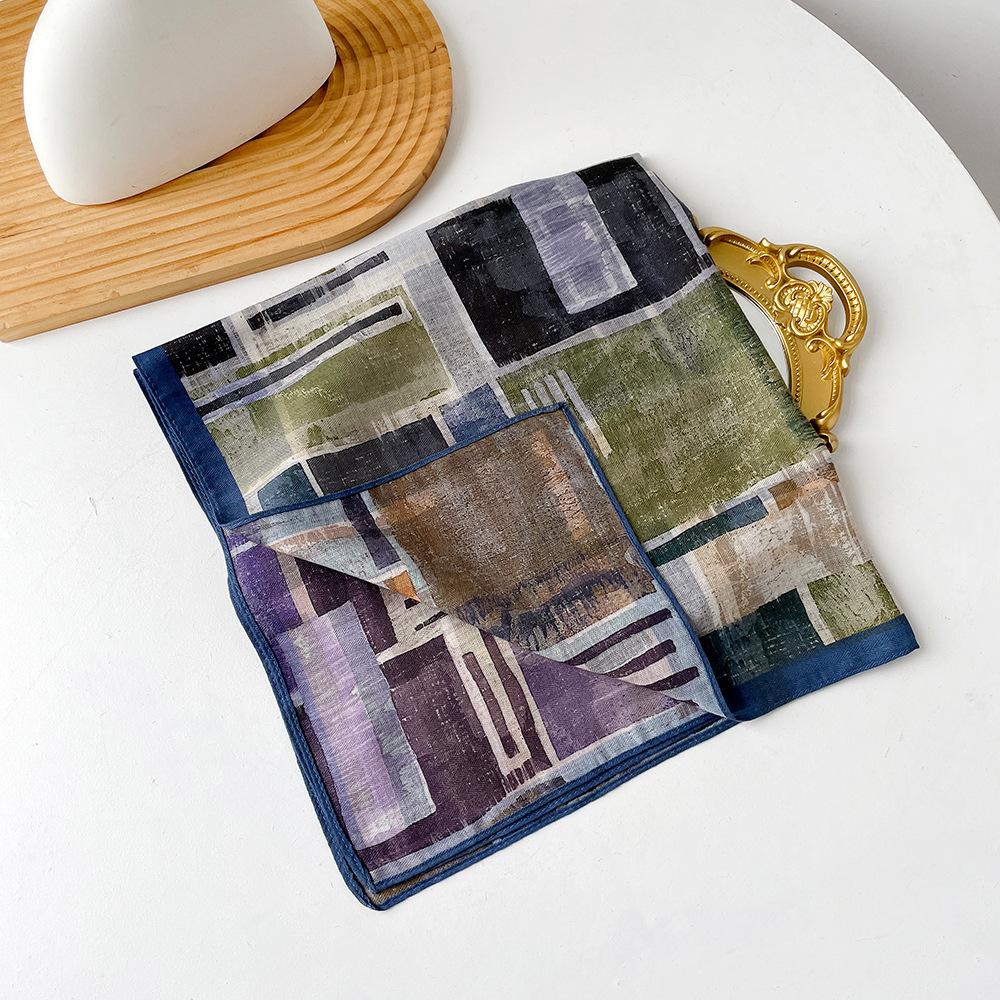 Retro Flower Silk Scarf Autumn and Winter Temperament Elegant Scarf Herringbone Silk Scarf Double-sided Literary Square Scarf Cotton and Linen Square