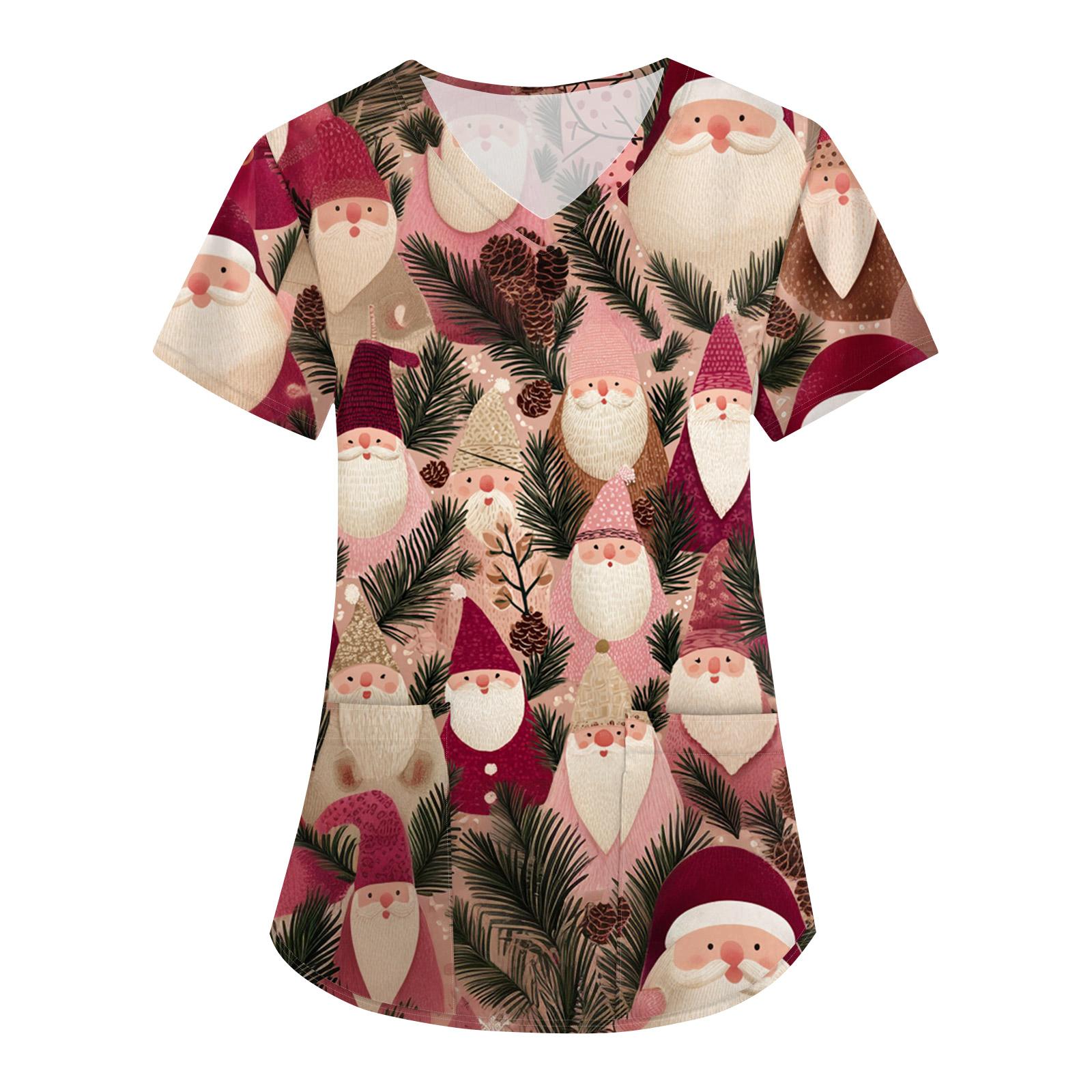 

Женская свободная униформа с V-образным вырезом, короткими рукавами и рождественским принтом S красный