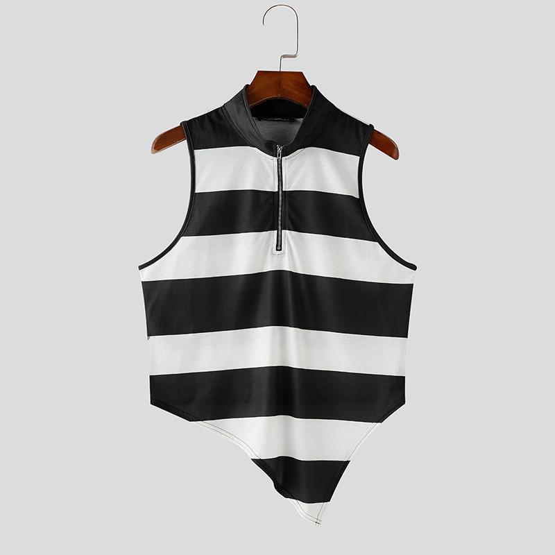 

INCERUN Men Zip-up High Neck Sleeveless Striped Irregular Casual Crop Tank Tops 3XL чорний