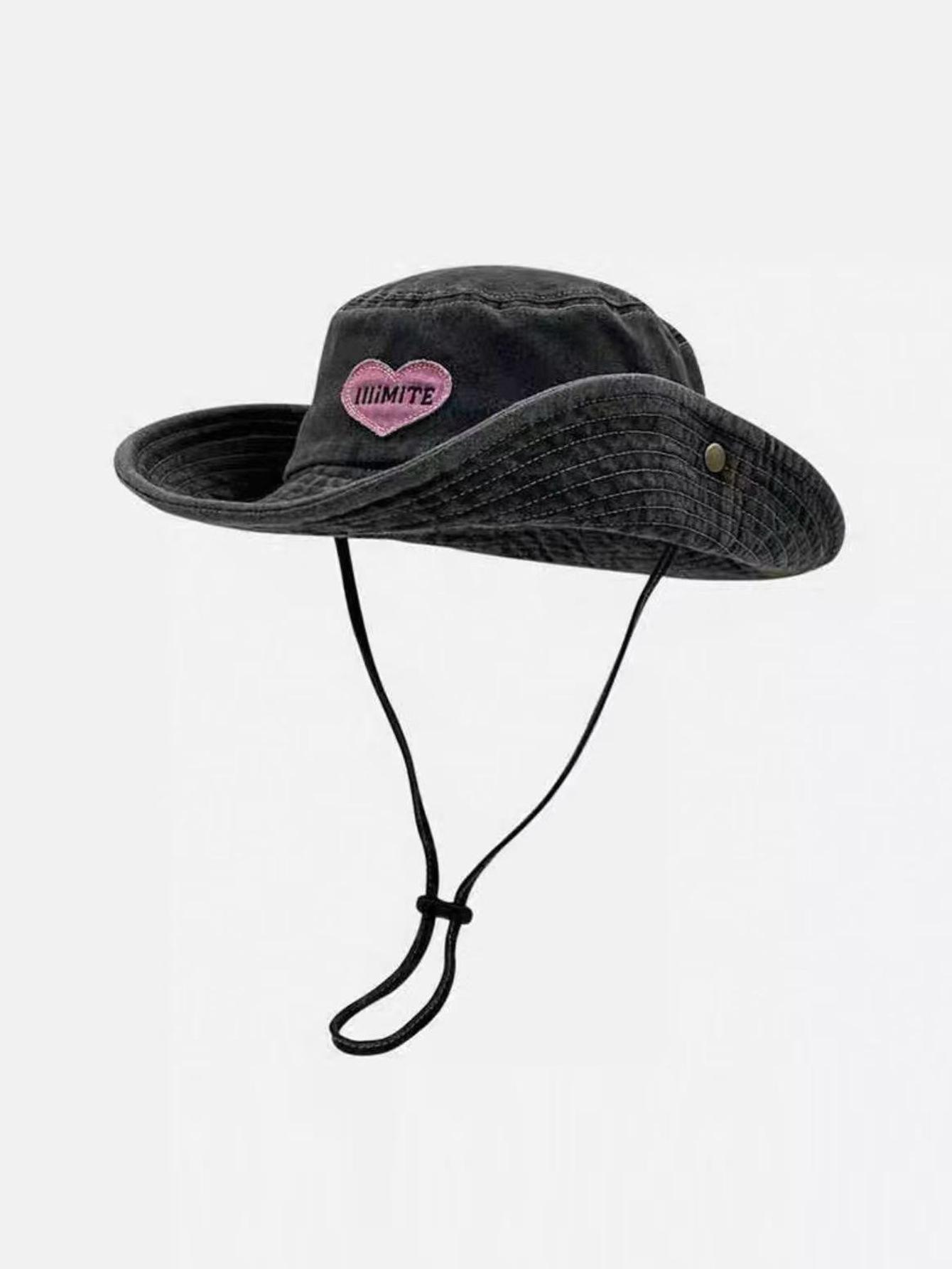 

2025 Sweet Pink Love Bucket CapsJapanese Retro Washed Cowboy Hats for Women Spring and Summer Outdoor Camping Sun Protection One Size чорний