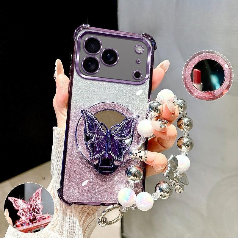 

Glitter Shockproof Plating Butterfly Mirror Bracelet Case for Google Pixel 10 9 8 7 Pro XL 9A 8A 7A Silicone Cover Google Pixel 7a фиолетовый
