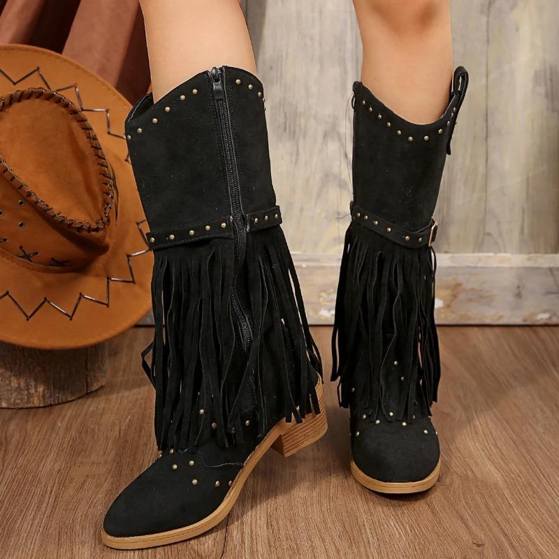 2025 Winter Women Fringes Thick Heel High Boots Suede Pointed Toe Outdoor Fashion Platform Shoes Willow Nails Pumps Women Shoes