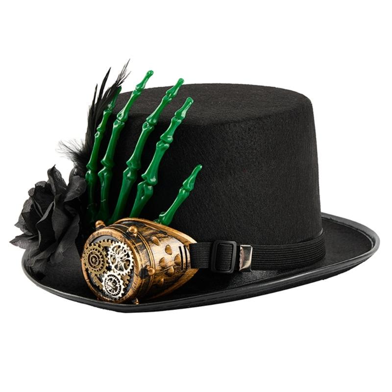Gothic Tall Hat With Skeleton Hand Flower Decoration Gothic Theme Head Accessory Top Hat For Halloween Masquerades Event