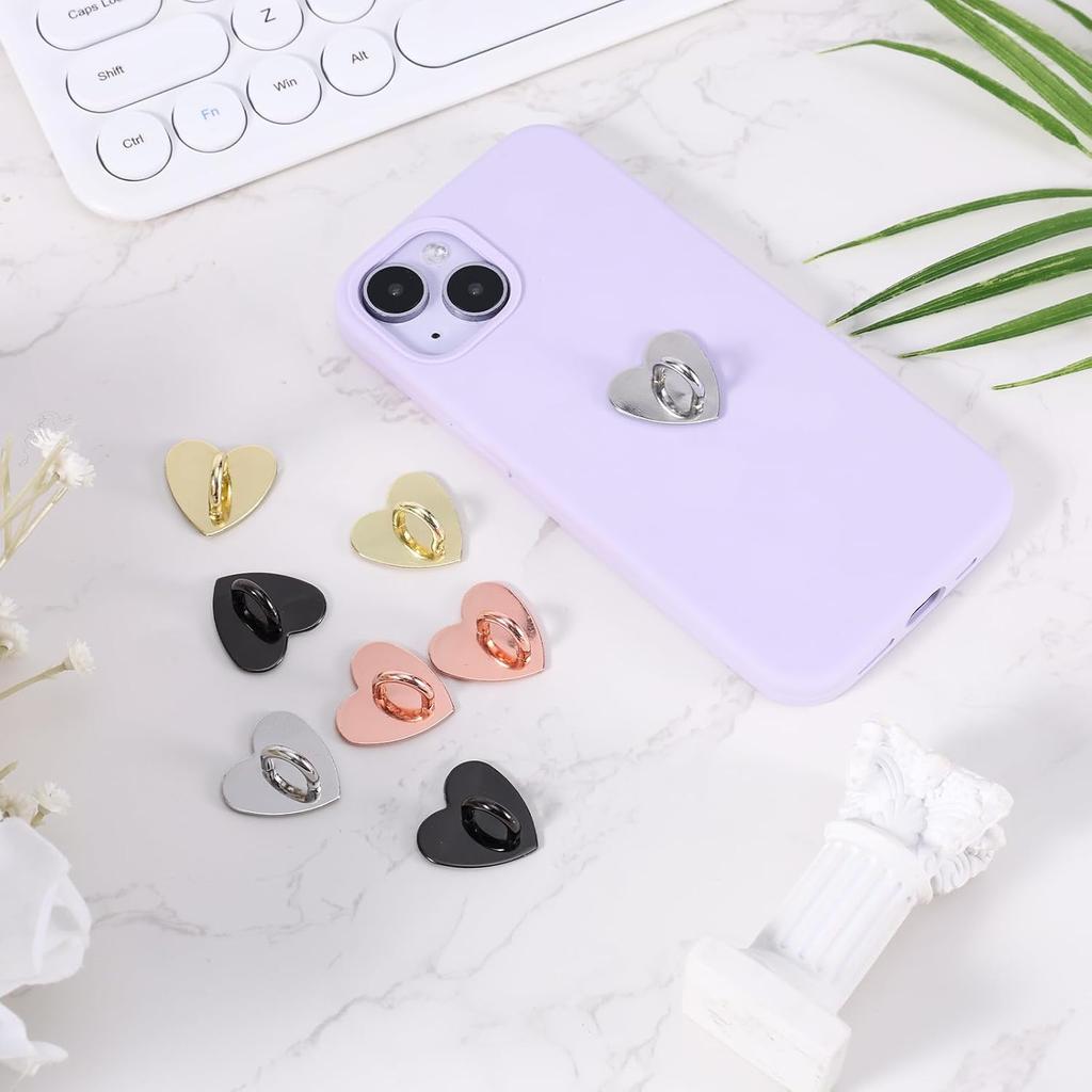 8pcs Cell Phone Ring Holder, Cute Heart Phone Charm Hooks Adhesive Smartphone Finger Ring Stand Sticky Metal Loop Grip for Cellphone Case Pad Tablet