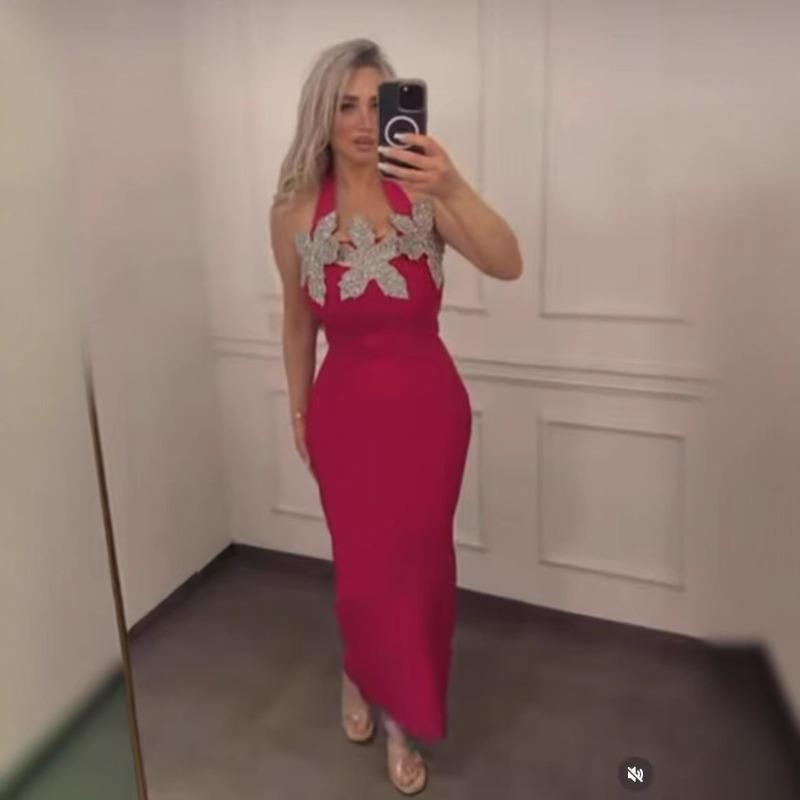Rochie nouă cu fustă bandaj, guler la baza gâtului, modă cu flori și diamante, slim, de banchet, sexy, de seară