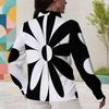 Women Plus Size Collared Long Sleeve Black White Abstract Floral Printed Button Down Shirt