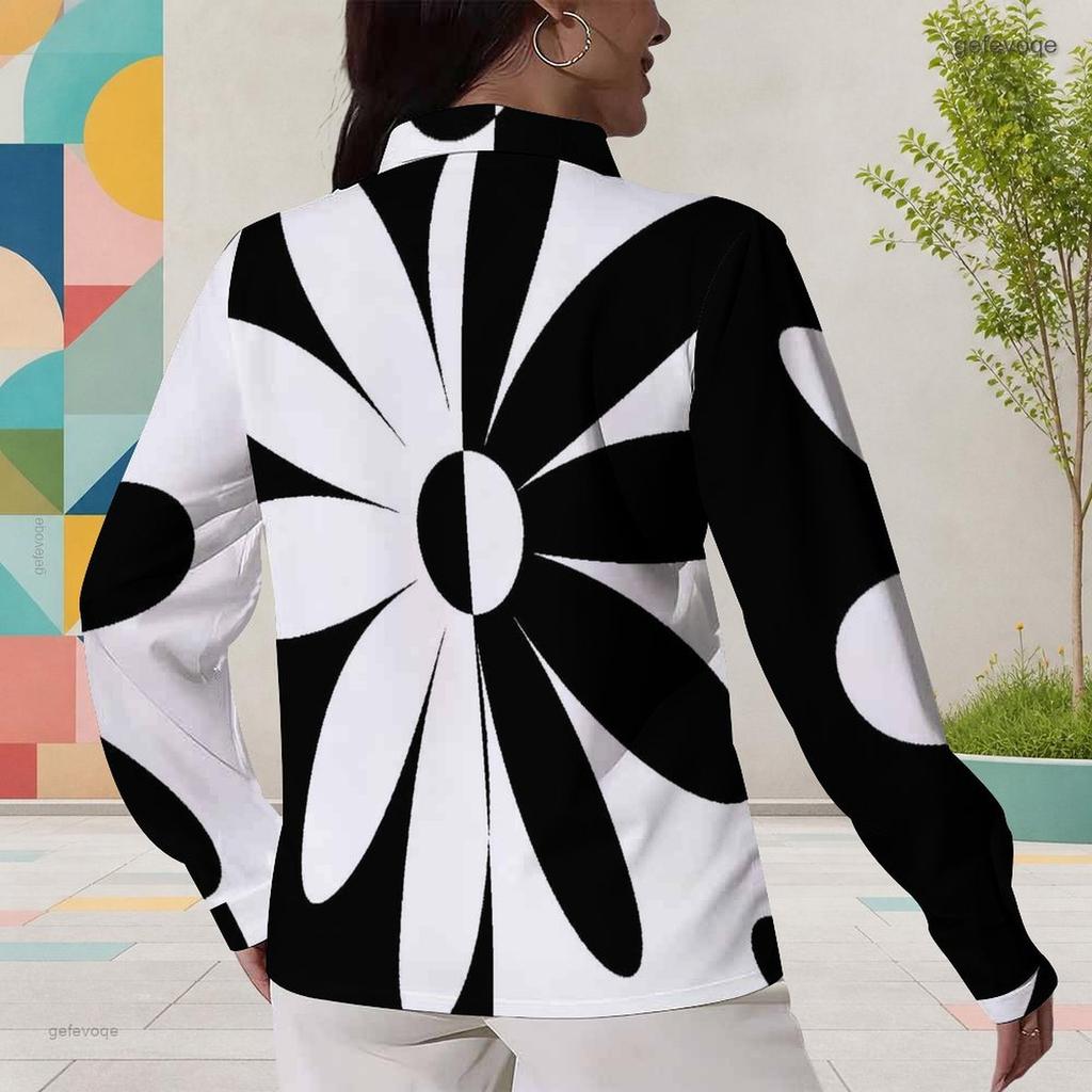 Women Plus Size Collared Long Sleeve Black White Abstract Floral Printed Button Down Shirt