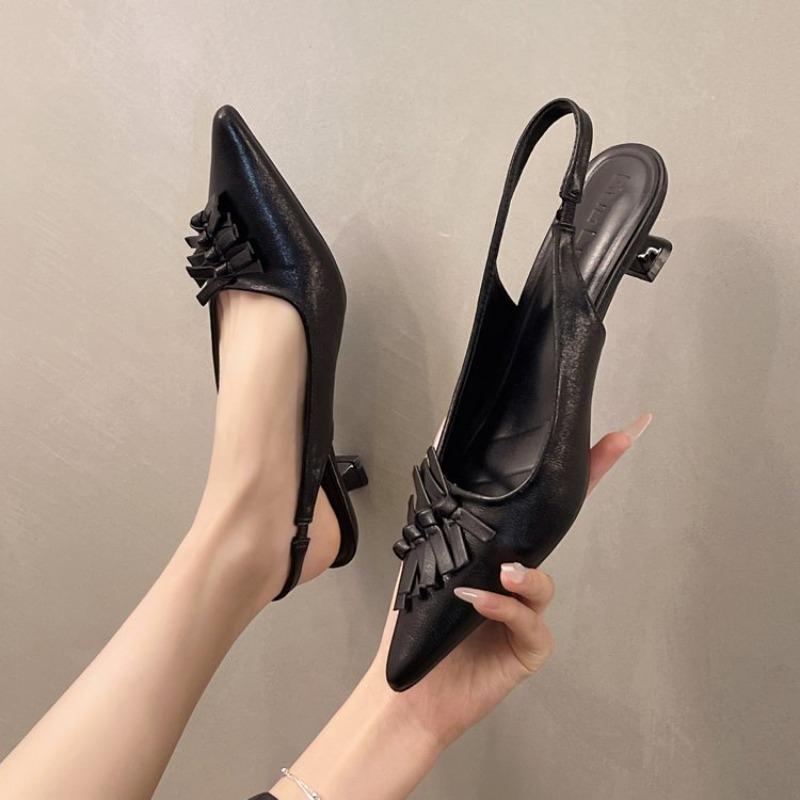 Fashion Summer 2025 Pointed Toe Slingbacks Sandals Women Elegant Kitten Heel Dress Shoes Shallow Comfy Bowknot Office High Heels Ladies