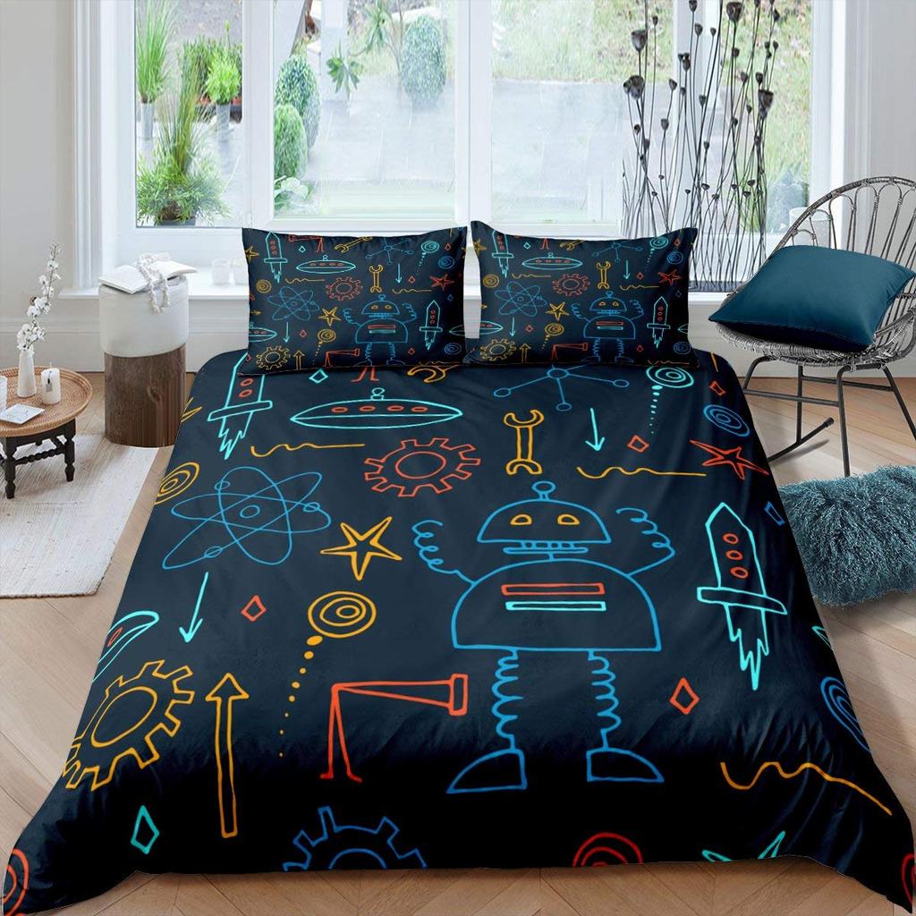 Children Kids Young Boys' King-Sized Dimensionsd Dimensions Beding - Watercolor Robot Soft Duvet Cover Set, 2/3 Pcs Featuring Modern Carton Super
