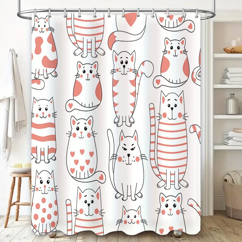Cat Print Shower Curtain Striped Pink Hearts Pattern Waterproof Fabric Waterproof Bath Rugs Decor For Home Decoration