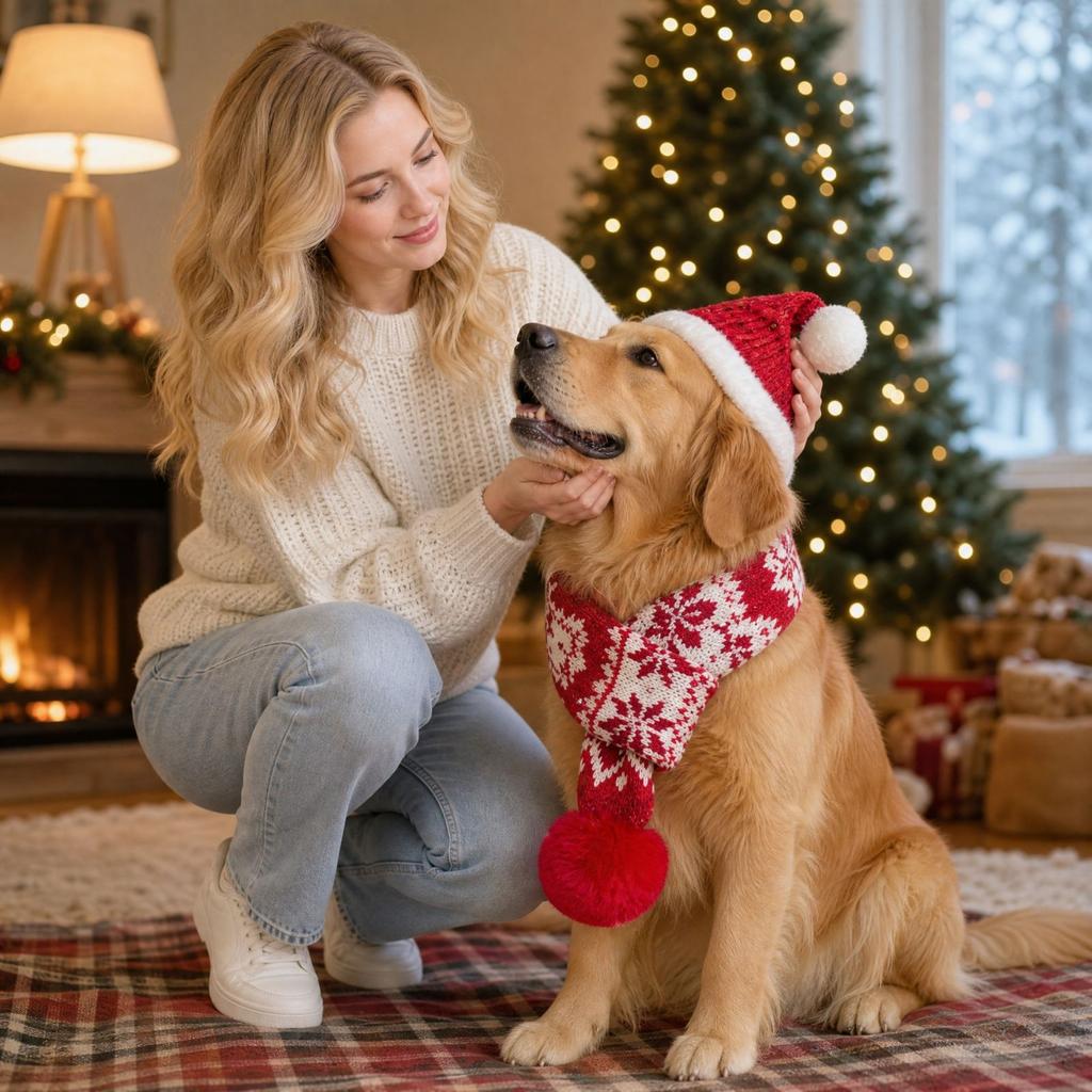 Christmas Pet Hat and Scarf Set for Medium to Large Dogs and Cats, Warm Neck Warmer Holiday Accessory, Size L