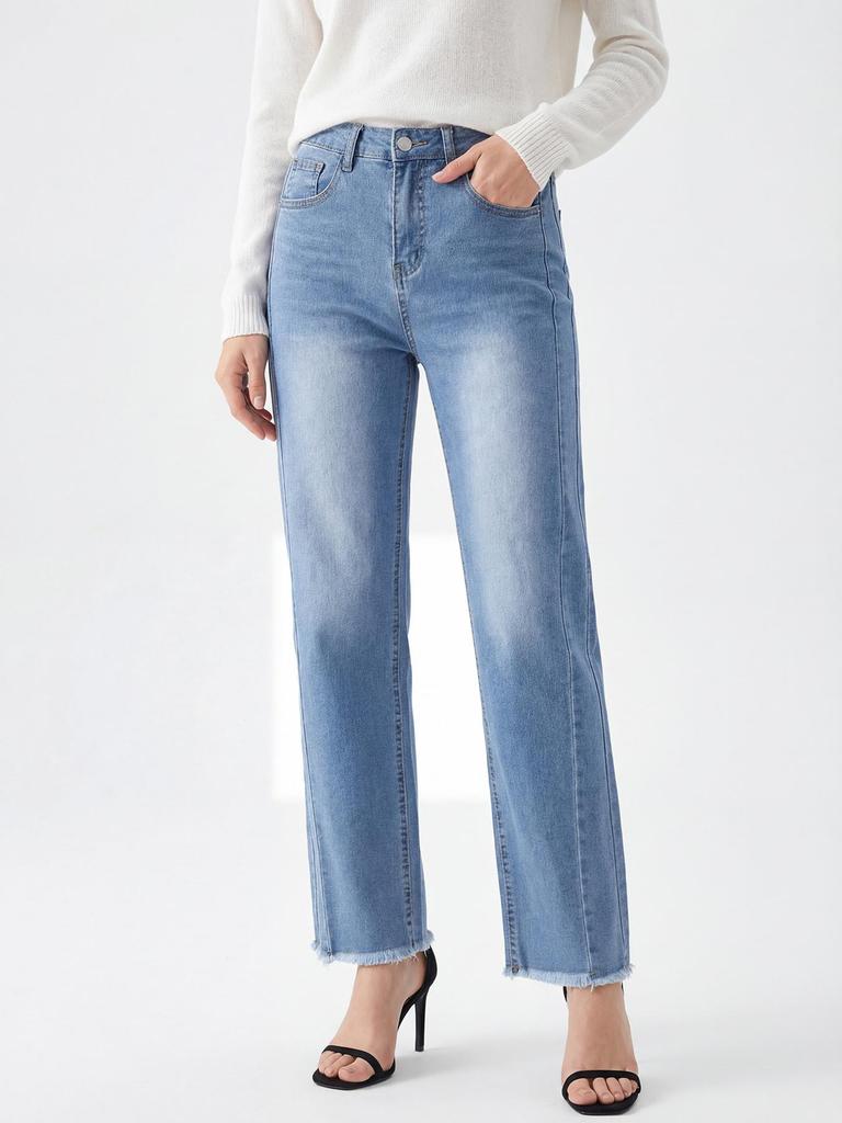 Puffanpop Damen Stretch High Waist Straight Leg Jeans Bequeme Denimhose mit ausgefranstem Rohsaum Freizeithose