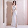 White Evening Dress Female New Banquet Temperament High-end Celebrity Host Advanced Sense Sexy Fishtail Shoulder