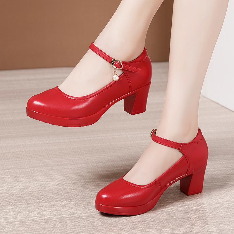 Fashion Size 32-43 Genuine Leather Thick Bottom Platform Pumps Women Wedding Shoes White 2024 Block High Heels Shoes for Office Model