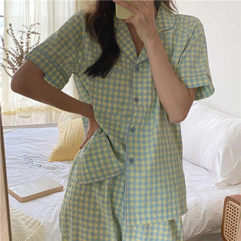 

Plaid Pajamas Short Sleeve Trousers Set Gingham Pajamas Short-Sleeved Pants Suit GREEN All yards