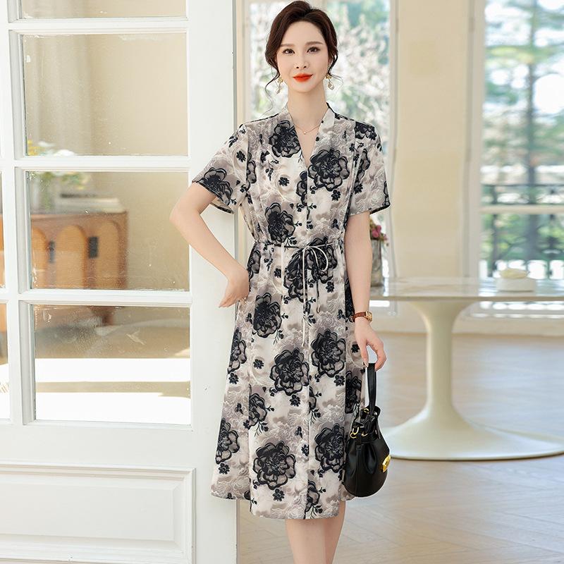

Mother s Summer Stylish Loose Short Sleeve Dress with Waist-Cinching Design for Middle-aged and Elderly Women 4XL