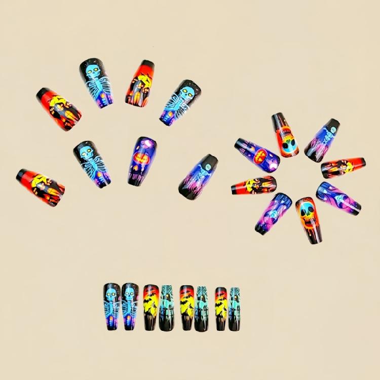 Celebrate Halloween in Style with 24 Pcs Press-On Nail, Including Spooky Skeletons, Pumpkins, and Bats Designs
