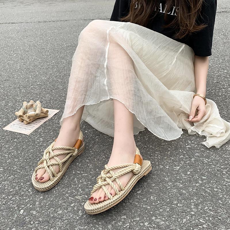 2025Women's Sandals Vintage UL Rainbow Blue Beach Slippers Handmade Bohemian Espadrilles