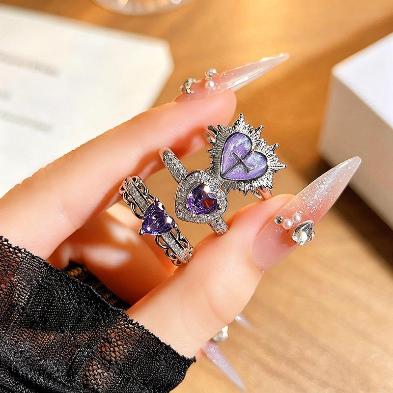 Niche Personality High‑Grade Open Ring Dark Sweet‑Cool Purple Zircon Thorns Heart Spice‑Girl Adjustable Stack‑Wear Index Finger Jewelry