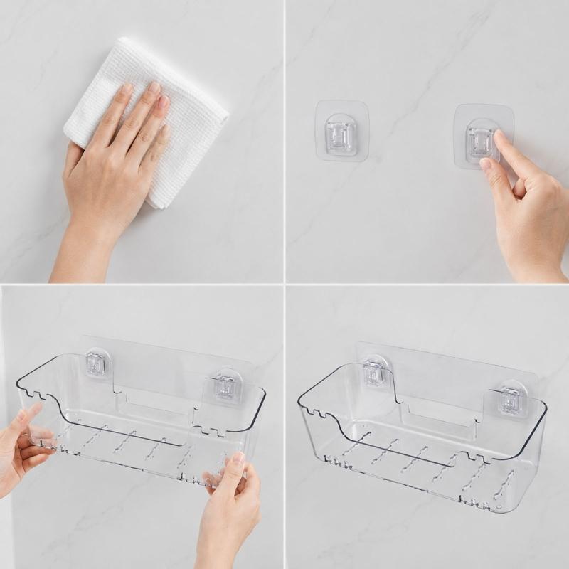 Bathroom Wall Shelf with Open Base, Adhesive Shower Storage Rack for Mounting of Bottles, Soap and Daily Use Items near Sink Side Storage