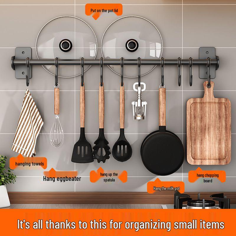 Punch-Free Wall-Mounted Kitchen Storage Rack with Hooks for Pots, Turners, and Spoons