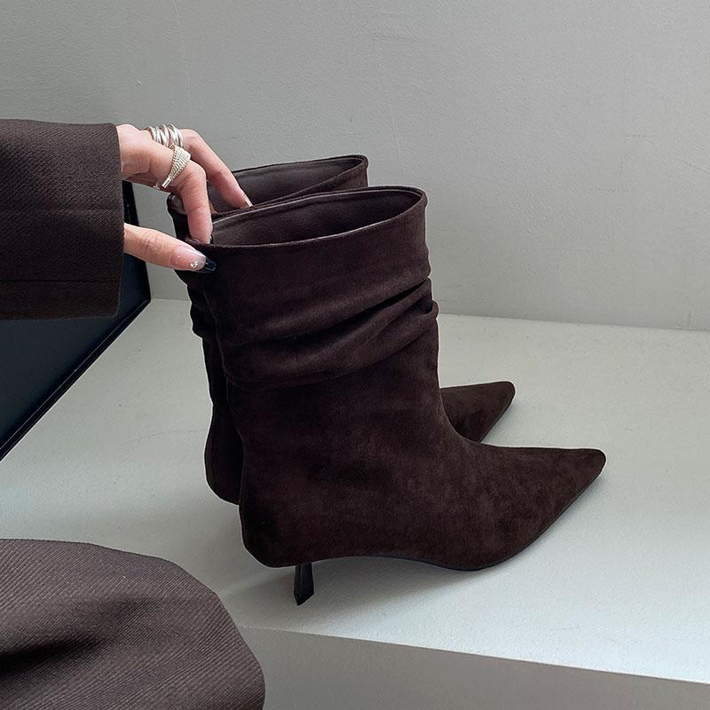Fashion Fashion Heels Footwear Women Ankle Modern Boots Slip On Shoes Female Pointed Toe Pleated Ladies Short Boots Shoes Pumps