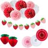 Conjunto de Decorações para Festa com Tema Morango Pompons de Papel de Seda Leques Pendurados Bolas de Favo de Mel e Faixa para Eventos