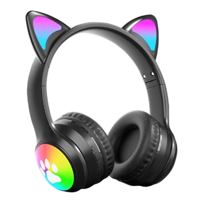 Active Noise Cancelling Wireless Bluetooth-compatible Cats  Ear Headphones Led Foldable Earphones TF Card Support