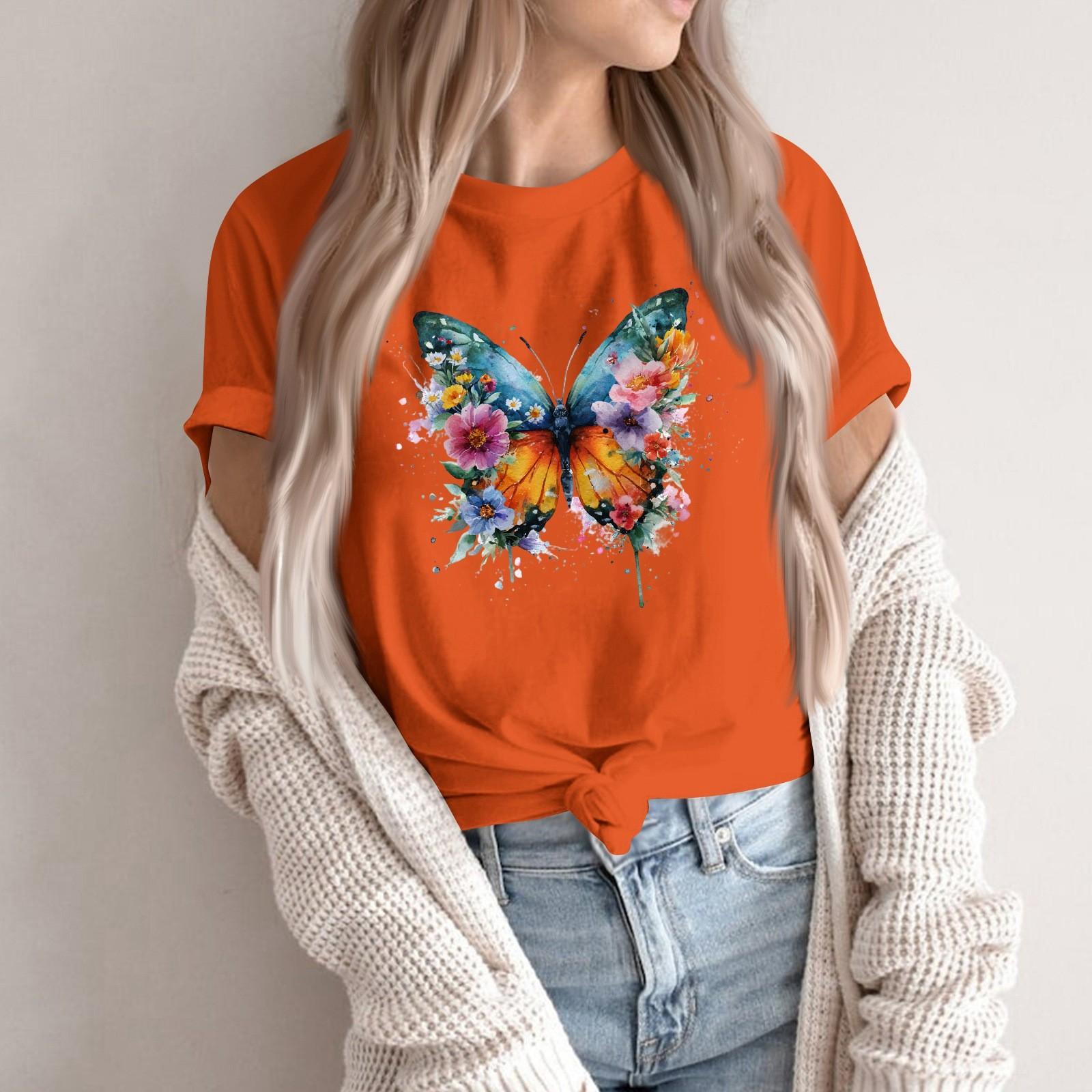 

Women s Fashion Casual Printed Round Neck Short Sleeved Pullover T-Shirt Top M помаранчевий