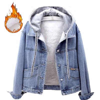 Damen Herbst Winter Kapuzen Jeansjacke Mantel Samt Verdicken Lose Koreanische Cowboy Jeans Oberbekleidung Damen Tops