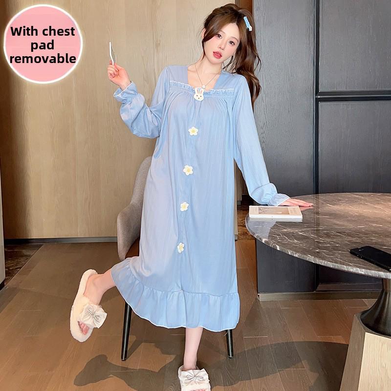 Women's Cute Sweet Long-Sleeve Nightdress with Chest Pad, Medium-Length, Plus Size Home Wear for Spring & Autumn