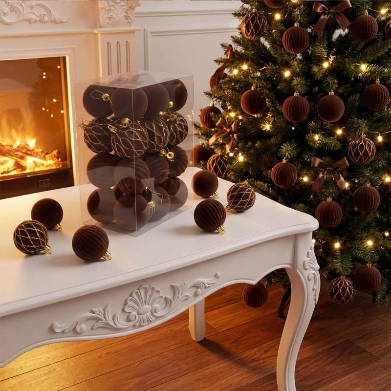 24Pcs Sparkling Velvety Christmas Ball Decorations Shatterproof Decorative Baubles Ornament for Christmas Tree Mantels