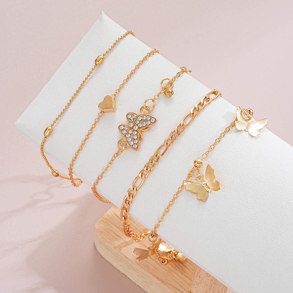 

5 Pcs Gold Color Vintage Butterfly Anklet Set For Women Boho Multilayers Love Zircon Anklet Bracelet On Leg Foot Beach Jewelry
