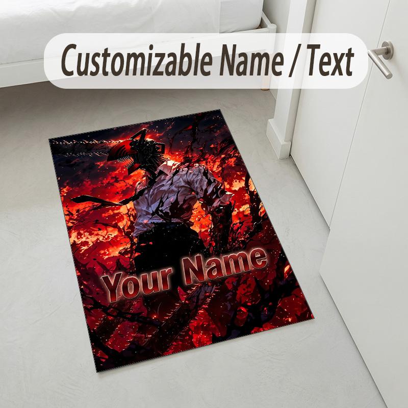 Personalized Crystal Velvet Carpet,Chainsaw Man Custom Printed Name, Plush Area Rug For Home Indoor Decor
