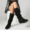 Ladies' Fashionable Solid Color Casual Boots with Pleated Detail Comfy Wedges Heels Slouch Boots Mid Calf Back Lace Up Shoes