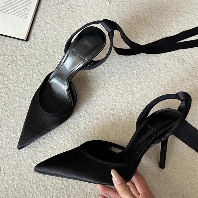 Pesstwei Fashion Slingback Ankle Lace-up Mules Women Pumps Sexy Thin High Heels Pointed Toe Banquet Stripper Shoes