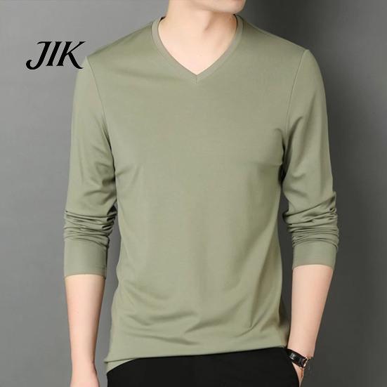 Spring Top Men Fall V Neck Long Sleeves Pure Color Autumn Clothes Slim Fit Thin Pullover T-shirt Daily Wear Sport Homewear