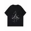 Women Loose T Shirt Black Cosmic Moon Stars Planets And Arabic Calligraphy Print Casual Everyday Wear Top